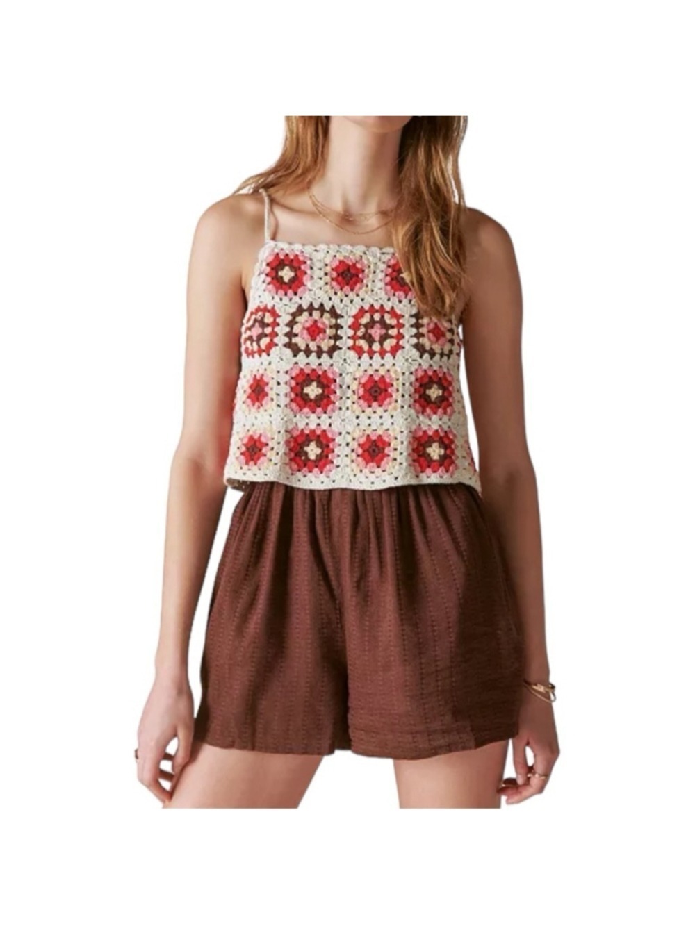 LUCKY BRAND Women's Crochet-Bodice Romper Jumpsuit shorts cotton Sz L
